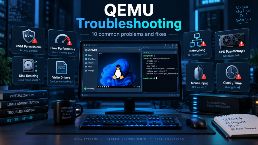 QEMU troubleshooting illustration showing a virtual machine, terminal, KVM, networking, virtio, GPU, disk and input problems.