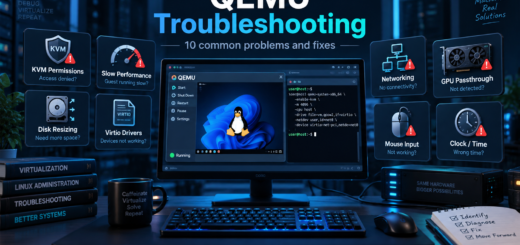 QEMU troubleshooting illustration showing a virtual machine, terminal, KVM, networking, virtio, GPU, disk and input problems.