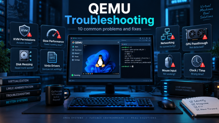 QEMU troubleshooting illustration showing a virtual machine, terminal, KVM, networking, virtio, GPU, disk and input problems.
