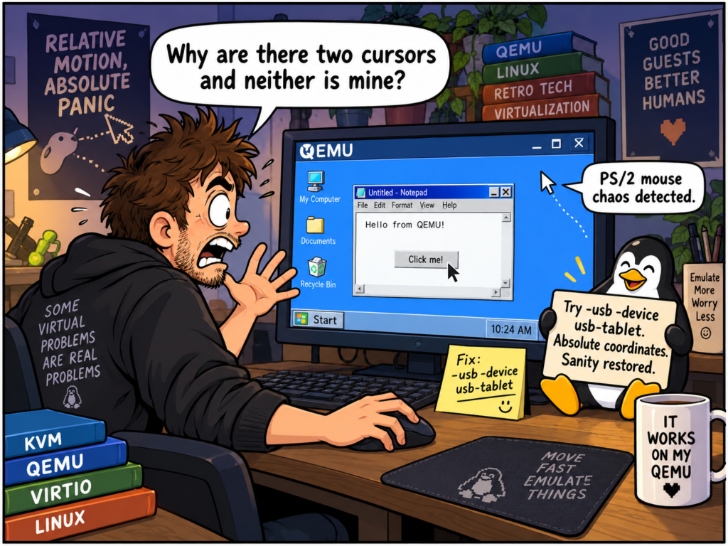 Funny single-panel comic of a frustrated QEMU user with two misaligned mouse cursors on screen while a penguin suggests using a USB tablet fix.