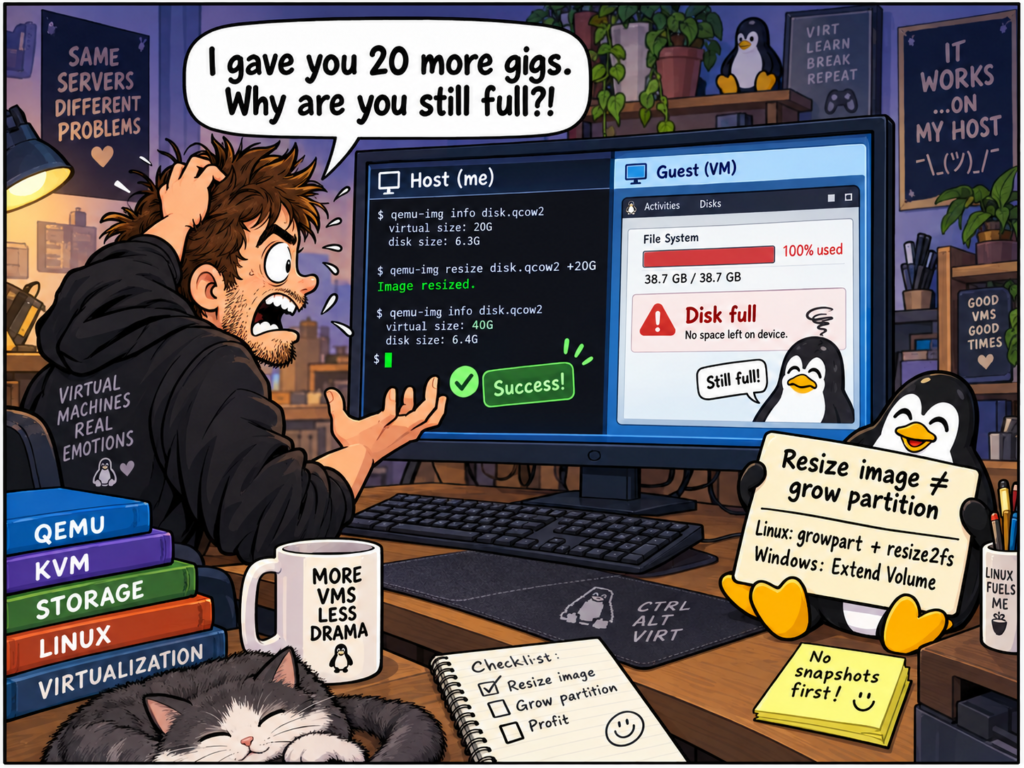 Funny QEMU comic showing a resized qcow2 disk on the host while the guest remains full because the partition and filesystem were not expanded.