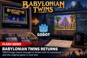 Illustration of an Amiga computer beside a modern Godot development screen, with twin adventurers, floppy disks and ancient Babylonian scenery.