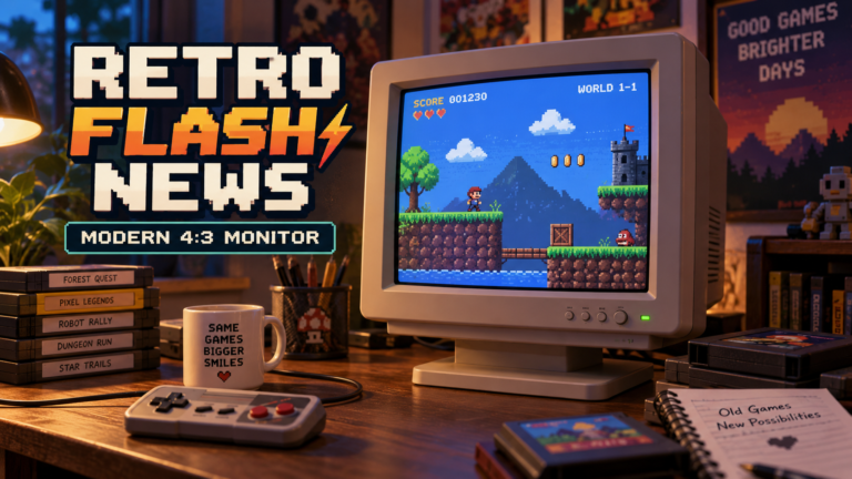 Retro-inspired 4:3 gaming monitor displaying an 8-bit platform game on a nostalgic gaming desk.