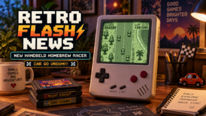 Retro handheld displaying a monochrome top-down racing game, representing the new Car Go Vroom!!! homebrew release.