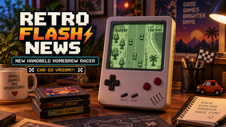 Retro handheld displaying a monochrome top-down racing game, representing the new Car Go Vroom!!! homebrew release.