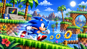 Pixel-art blue hedgehog racing through a tropical platform level beside an Amiga computer.