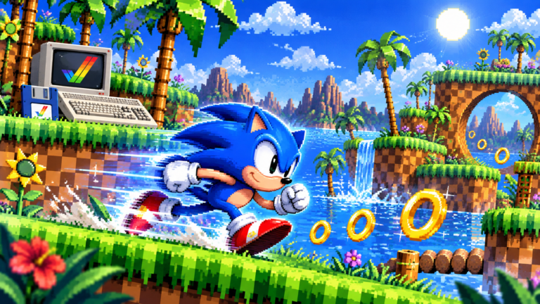 Pixel-art blue hedgehog racing through a tropical platform level beside an Amiga computer.