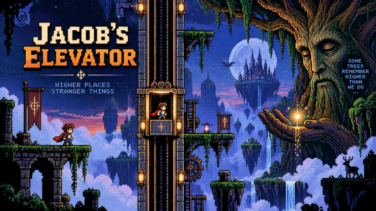 Pixel-art scene for Jacob’s Elevator showing a young adventurer, a towering mechanical elevator, floating platforms and a giant mystical tree.