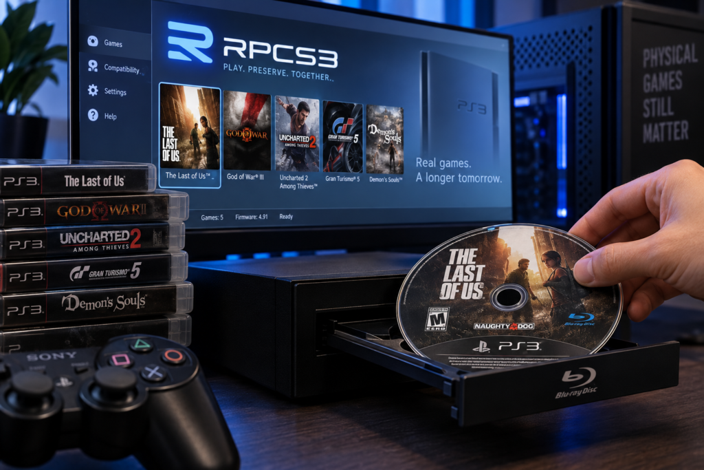 PlayStation 3 game disc being inserted into a Blu-ray drive beside a PC running the RPCS3 emulator