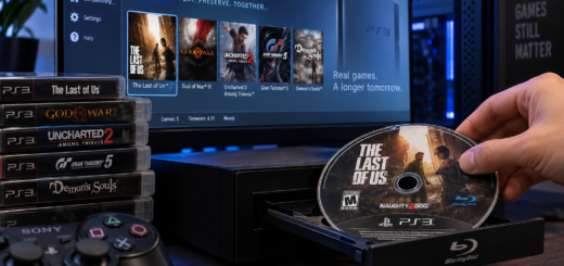 PlayStation 3 game disc being inserted into a Blu-ray drive beside a PC running the RPCS3 emulator