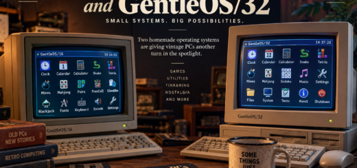 Two vintage beige PCs running GentleOS/16 and GentleOS/32 side by side on a retro computing desk.