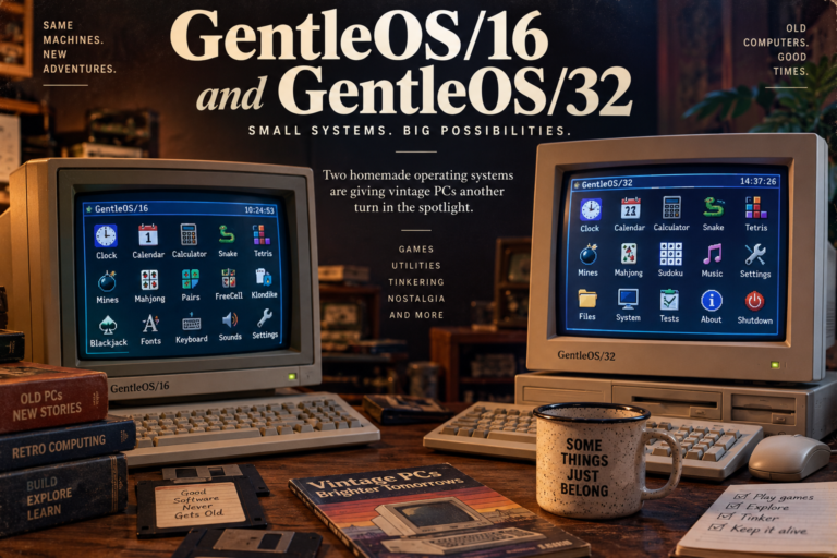 Two vintage beige PCs running GentleOS/16 and GentleOS/32 side by side on a retro computing desk.