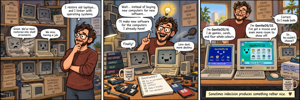 Three-panel comic showing a developer surrounded by restored vintage computers, deciding to create GentleOS/16 and GentleOS/32 for old PCs.
