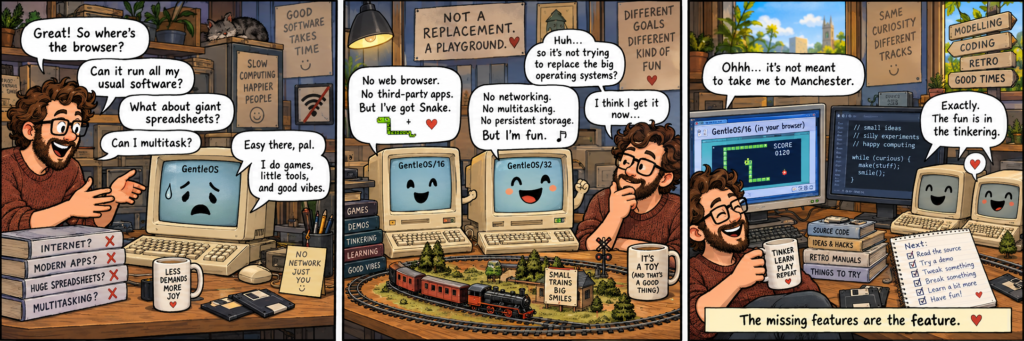 Three-panel comic showing a developer learning that GentleOS is a playful retro operating system for games, simple tools and tinkering, not a full replacement for DOS, Windows or Linux.