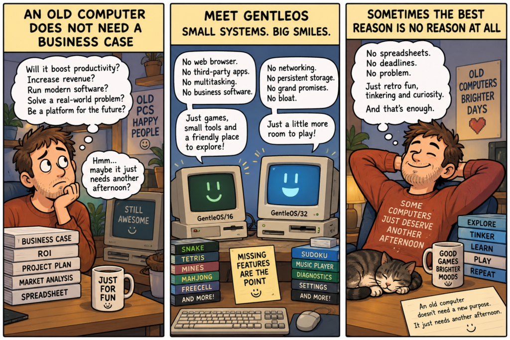 Three-panel comic showing a man questioning the usefulness of an old computer before discovering GentleOS/16 and GentleOS/32 and deciding retro computing can simply be fun.