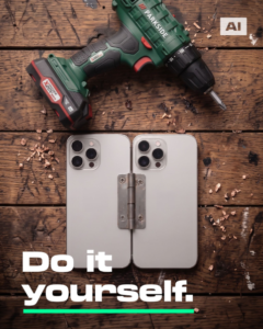 PARKSIDE cordless drill above two iPhones joined together with a metal hinge in a sarcastic DIY parody of Apple’s iPhone Duo.