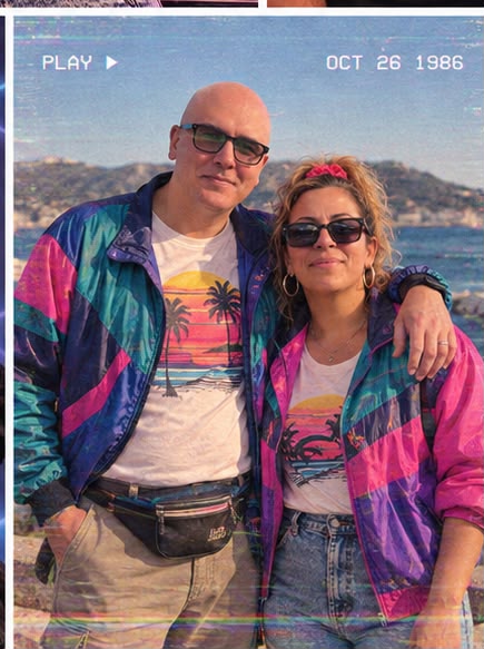 1980s holiday portrait of a couple in matching colourful windbreakers and sunglasses by the sea.