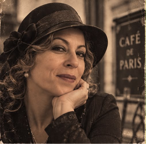 AI-generated sepia portrait of a woman in a 1920s-style hat seated outside a Paris café.