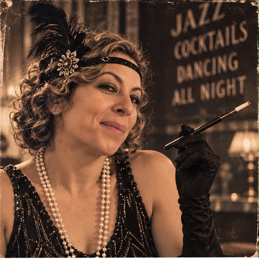 AI-generated sepia portrait of a woman in 1920s eveningwear with pearls, gloves and a feathered headband.