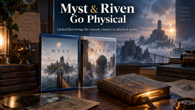 Myst and Riven physical game editions displayed beside an illuminated linking book, maps and discs overlooking a mysterious island landscape.