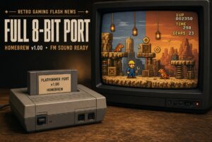 Photo of a gray 8-bit home console with a homemade cartridge reading “PLATFORMER PORT v1.00 HOMEBREW,” next to a CRT TV. The TV shows an original pixel platformer: a construction worker in a yellow hard hat and blue jacket holding a wrench, orange lizard enemies, wooden crates, hanging lanterns, and a left-to-right split from limited-color tiles to richer 8-bit graphics. Overlay text: “Retro Gaming Flash News / Full 8-Bit Port / Homebrew v1.00 • FM Sound Ready.” No official logos or licensed characters.