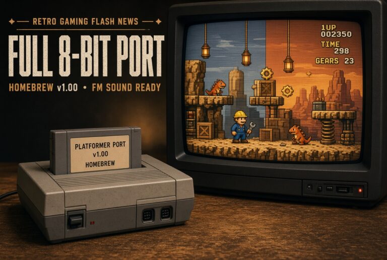 Photo of a gray 8-bit home console with a homemade cartridge reading “PLATFORMER PORT v1.00 HOMEBREW,” next to a CRT TV. The TV shows an original pixel platformer: a construction worker in a yellow hard hat and blue jacket holding a wrench, orange lizard enemies, wooden crates, hanging lanterns, and a left-to-right split from limited-color tiles to richer 8-bit graphics. Overlay text: “Retro Gaming Flash News / Full 8-Bit Port / Homebrew v1.00 • FM Sound Ready.” No official logos or licensed characters.