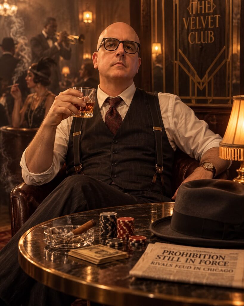 AI-generated portrait of a man in 1920s attire seated in a warm, dimly lit speakeasy with a drink and poker chips.