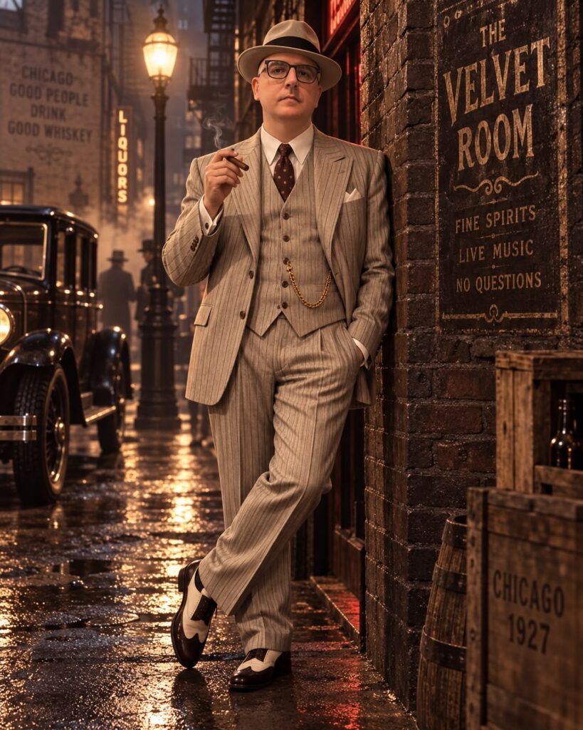 AI-generated portrait of a man in a 1920s pinstripe suit and fedora standing on a wet Chicago street at night.