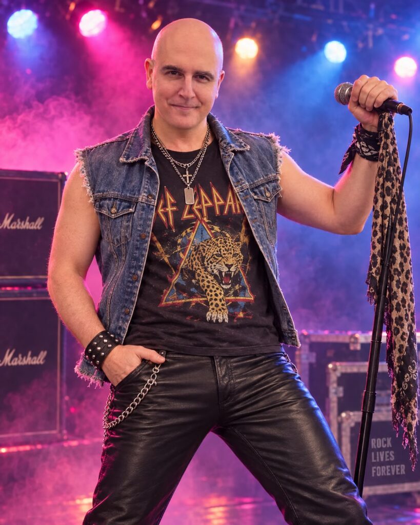Portrait of a bald man dressed as an 1980s rock singer on stage with denim, leather and a microphone.