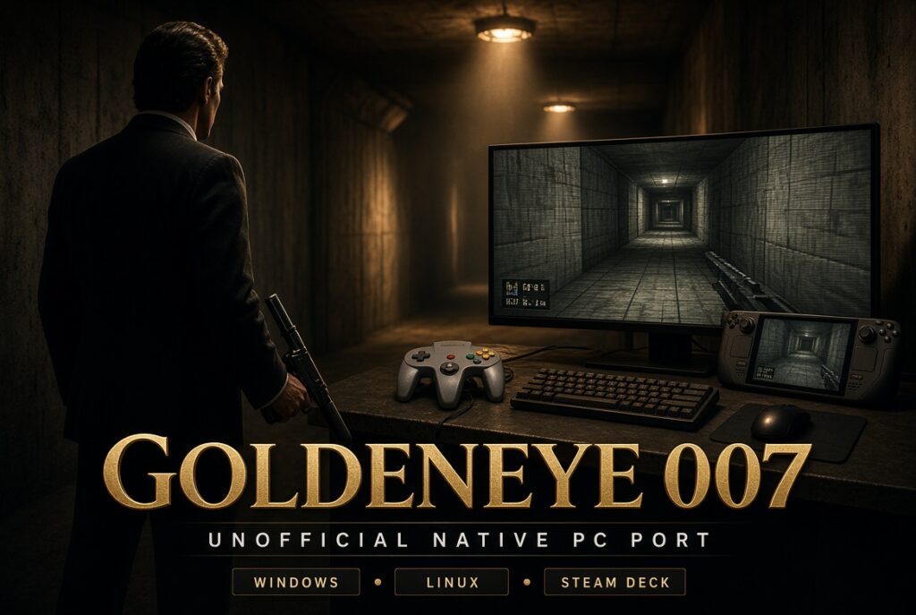 A man in a dark suit stands in a dim concrete corridor facing a desk with a Nintendo 64 controller, keyboard, mouse, ultrawide monitor and handheld gaming device. Both screens show a low-polygon first-person view of a grey facility tunnel. Gold title text reads “GOLDENEYE 007,” with the subtitle “UNOFFICIAL NATIVE PC PORT” and labels for Windows, Linux and Steam Deck.