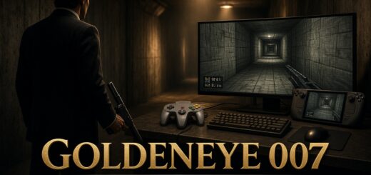 A man in a dark suit stands in a dim concrete corridor facing a desk with a Nintendo 64 controller, keyboard, mouse, ultrawide monitor and handheld gaming device. Both screens show a low-polygon first-person view of a grey facility tunnel. Gold title text reads “GOLDENEYE 007,” with the subtitle “UNOFFICIAL NATIVE PC PORT” and labels for Windows, Linux and Steam Deck.