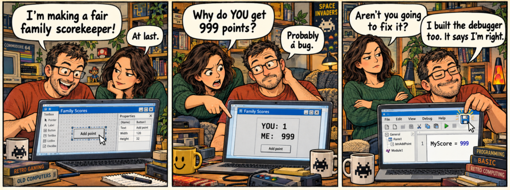 Three-panel comic: a programmer builds a “fair” scorekeeper, awards himself 999 points and tells his sceptical partner that his debugger says he’s right.