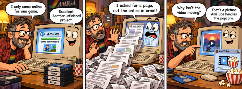 Three-panel comic showing an Amiga downloading a game, drowning in an oversized webpage, and directing its owner to AmiTube for video.