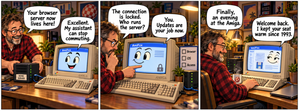 Three-panel comic showing a hobbyist connecting an Amiga to a home server, discovering he must maintain it, and settling down at his old computer.