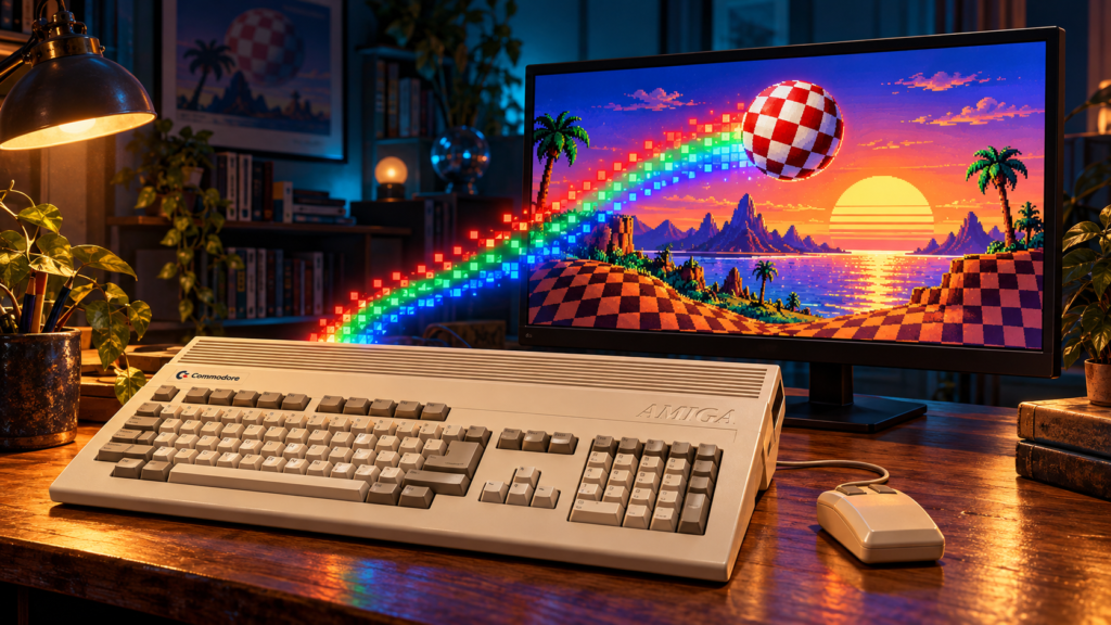 Amiga 1200 on a warmly lit desk, with a trail of colourful pixels leading to a modern monitor displaying a retro landscape and checkered ball.