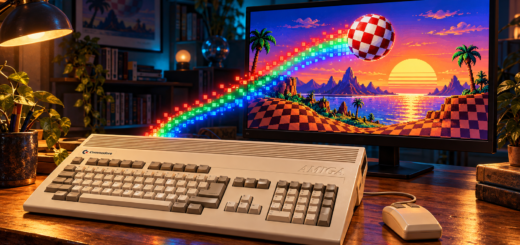 Amiga 1200 on a warmly lit desk, with a trail of colourful pixels leading to a modern monitor displaying a retro landscape and checkered ball.