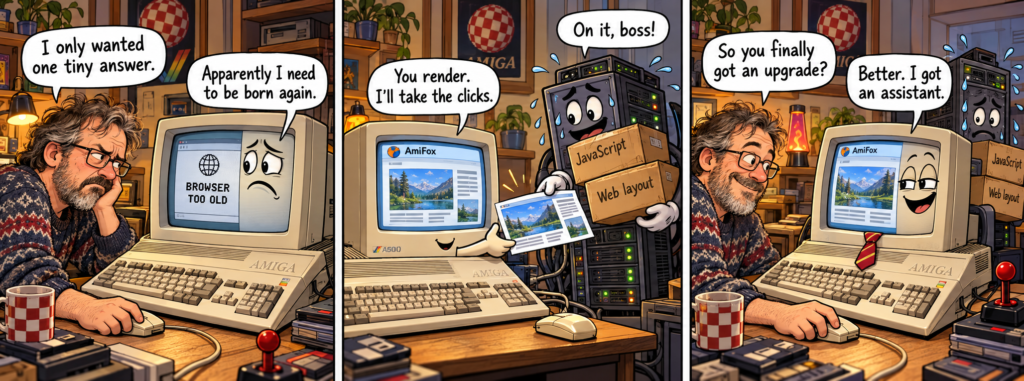 Comic showing an Amiga struggling with a modern website, delegating web rendering to a sweating server, then proudly declaring it has an assistant.