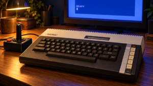 Illustration of an Atari 800XL-style computer and joystick on a wooden desk, with a blue BASIC screen in the background.