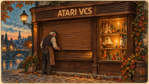 A shopkeeper lowers a wooden shutter beneath an Atari VCS sign, beside a candlelit window displaying miniature castles, a sailing ship and toys.