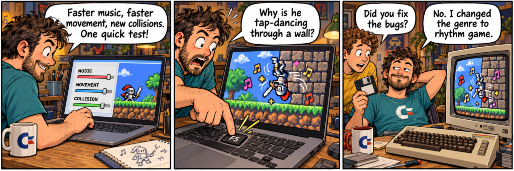 Three-panel comic showing a C64 developer accidentally making a knight dance through walls, then calling the buggy result a rhythm game.