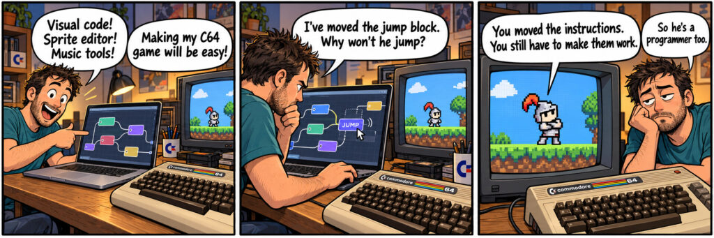 Three-panel comic showing a C64 developer moving a jump block while a pixel knight explains that rearranging instructions does not make them work.