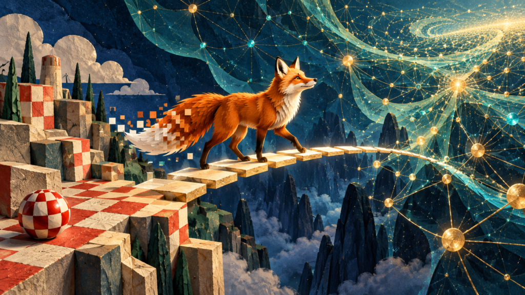 An orange fox with a pixelated tail crosses floating stepping stones from a red-and-white checkerboard landscape towards a glowing network of interconnected lights.