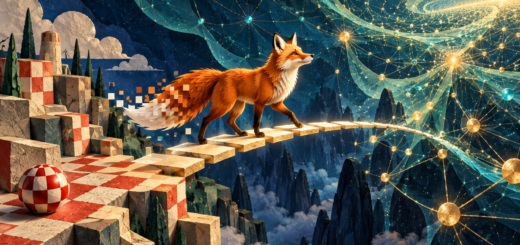 An orange fox with a pixelated tail crosses floating stepping stones from a red-and-white checkerboard landscape towards a glowing network of interconnected lights.