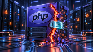 PHP-branded server with a glowing red crack bridged by a blue patch, surrounded by server racks displaying warning symbols.