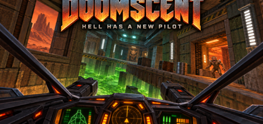 Spaceship cockpit banking through a Doom-inspired industrial corridor above glowing green slime, with a demon on a walkway and the Doomscent title overhead.