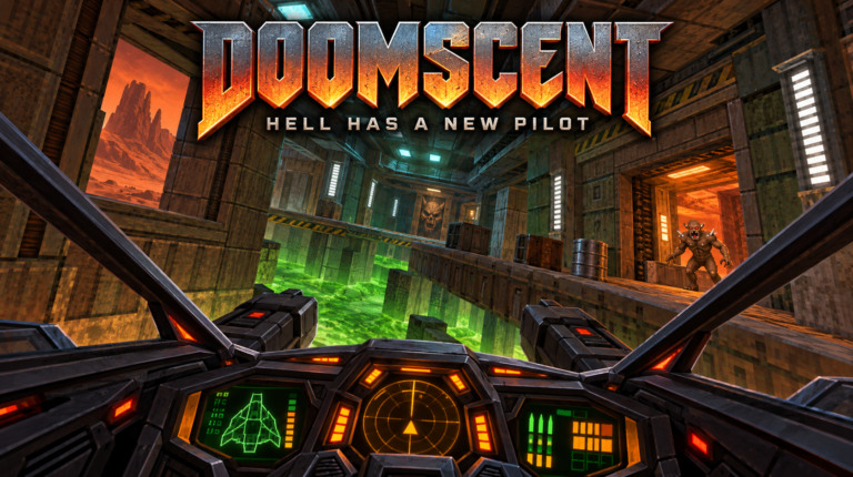 Spaceship cockpit banking through a Doom-inspired industrial corridor above glowing green slime, with a demon on a walkway and the Doomscent title overhead.