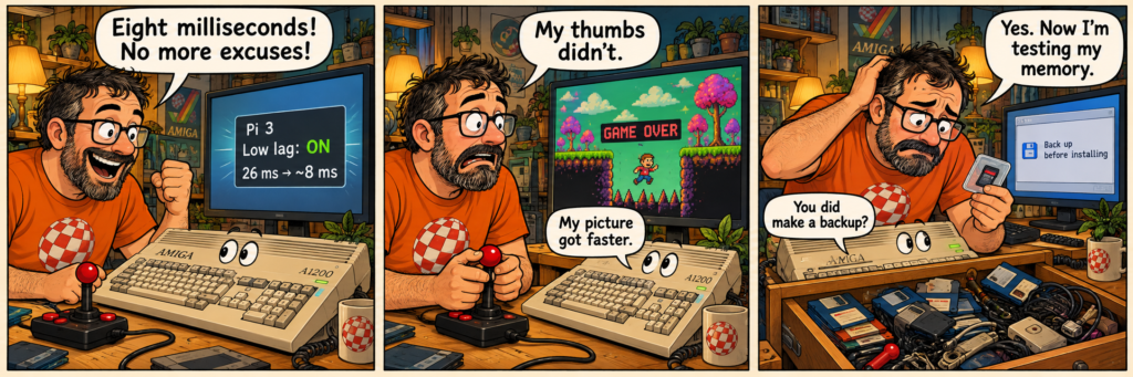 Three-panel comic showing an Amiga owner enabling low-lag mode, losing a game and searching a cluttered drawer for his backup.