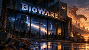 Imagined BioWare studio with a dissolving sign, a space explorer and starship behind glass, and a dragon fading into an amber sky.