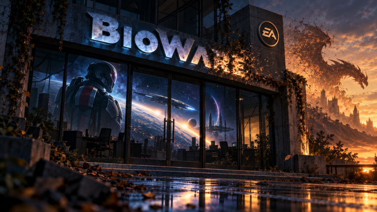 Imagined BioWare studio with a dissolving sign, a space explorer and starship behind glass, and a dragon fading into an amber sky.