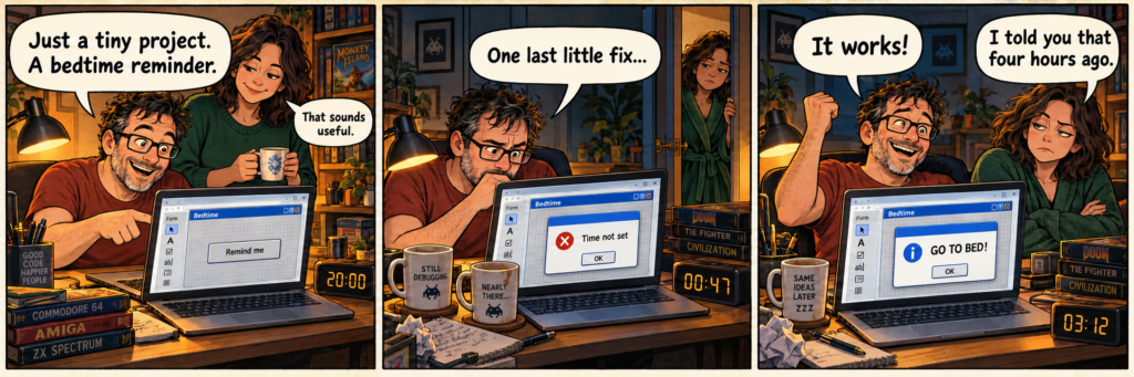 Three-panel comic: a programmer stays up until 3:12 am making a bedtime reminder, only for his partner to say, “I told you that four hours ago.”